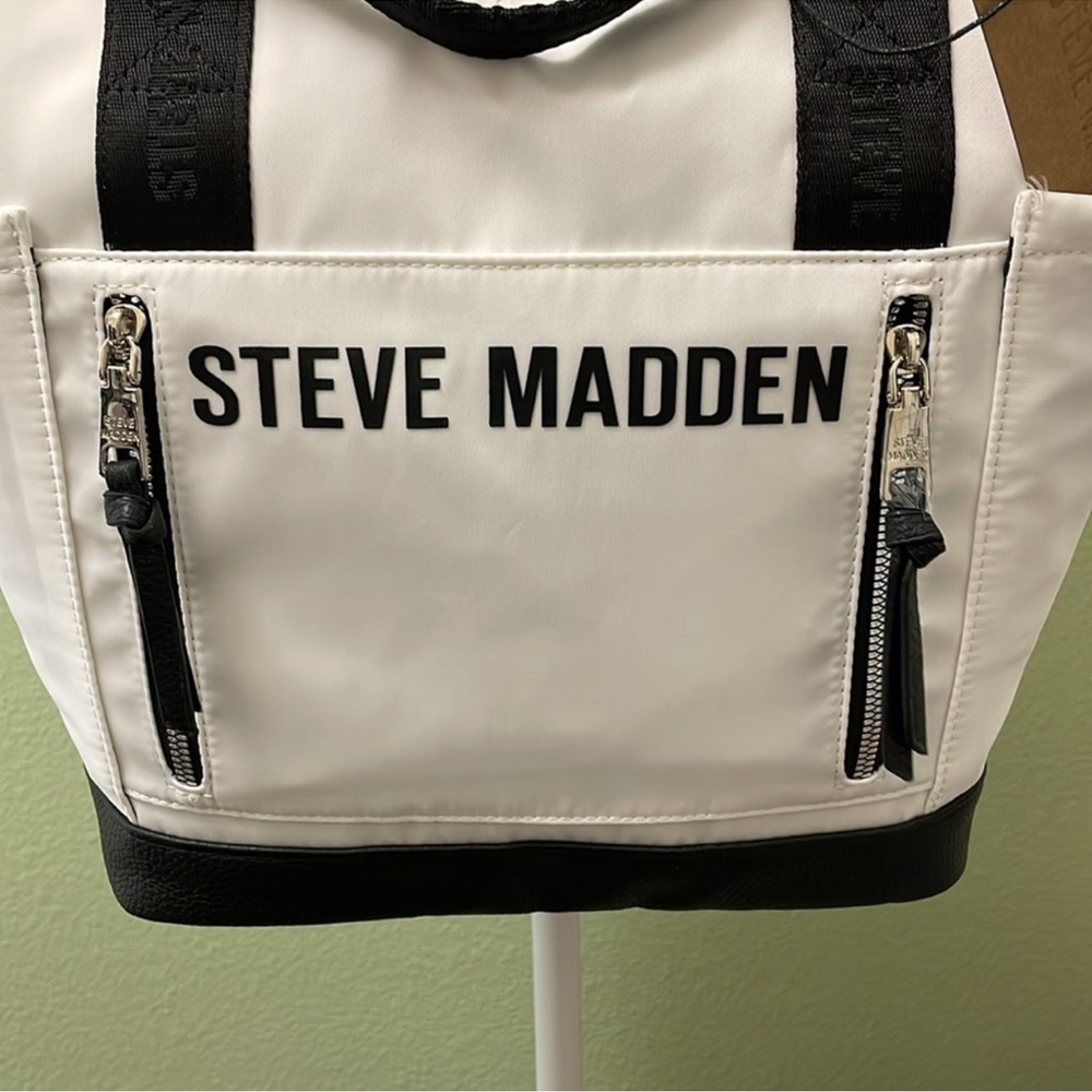 Steve Madden Btheda White with Black Logo Straps Backpack & Bag. - Picture 6 of 7